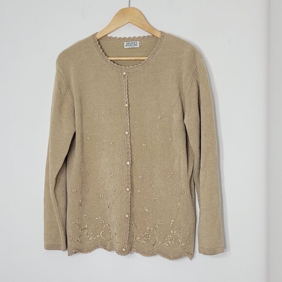 MOFFI Women's Tan Brown Embroidered Floral Button Knit Cardigan Crocheted Trim L - Picture 1 of 14